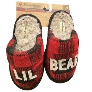 Dearfoams LIL BEAR Memory Foam PLAID SLIPPERS Kids Size 11/12 Limited Edition
